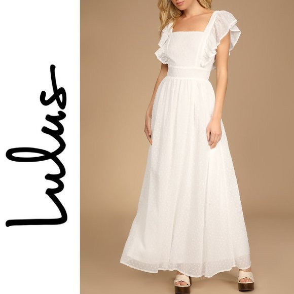 Little Love White Swiss Dot Apron-Front Backless Maxi Dress Bridal wedding - Picture 1 of 15
